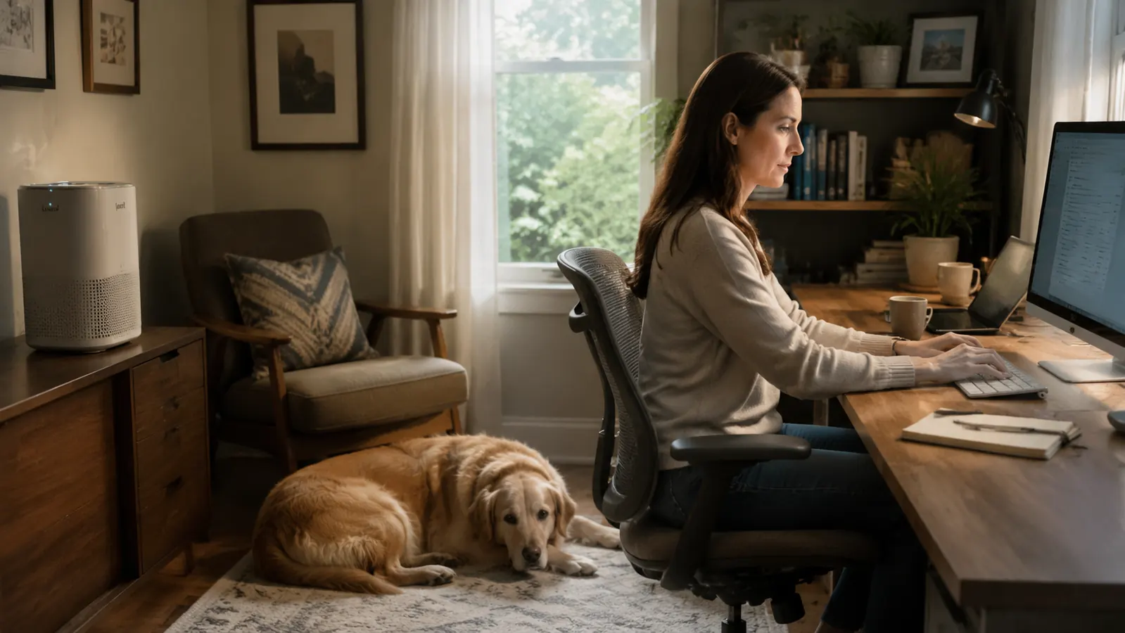 A woman working calmly at her desk with a golden retriever resting nearby and an air purifier running in the corner