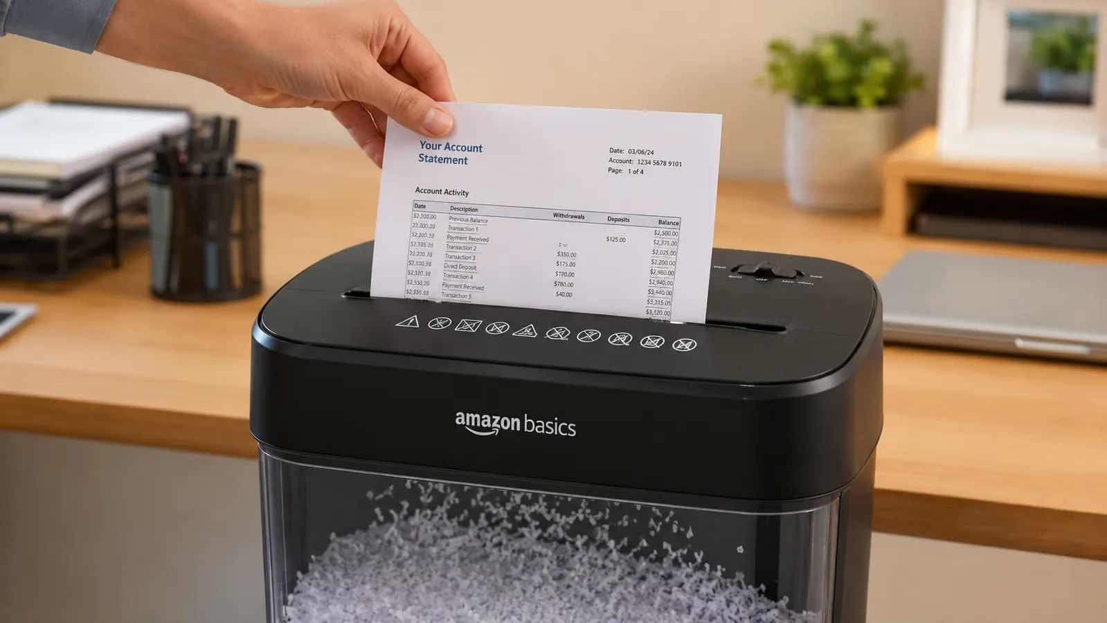 A hand feeding a folded bank statement into the paper feed slot of the Amazon Basics 12-sheet cross-cut shredder