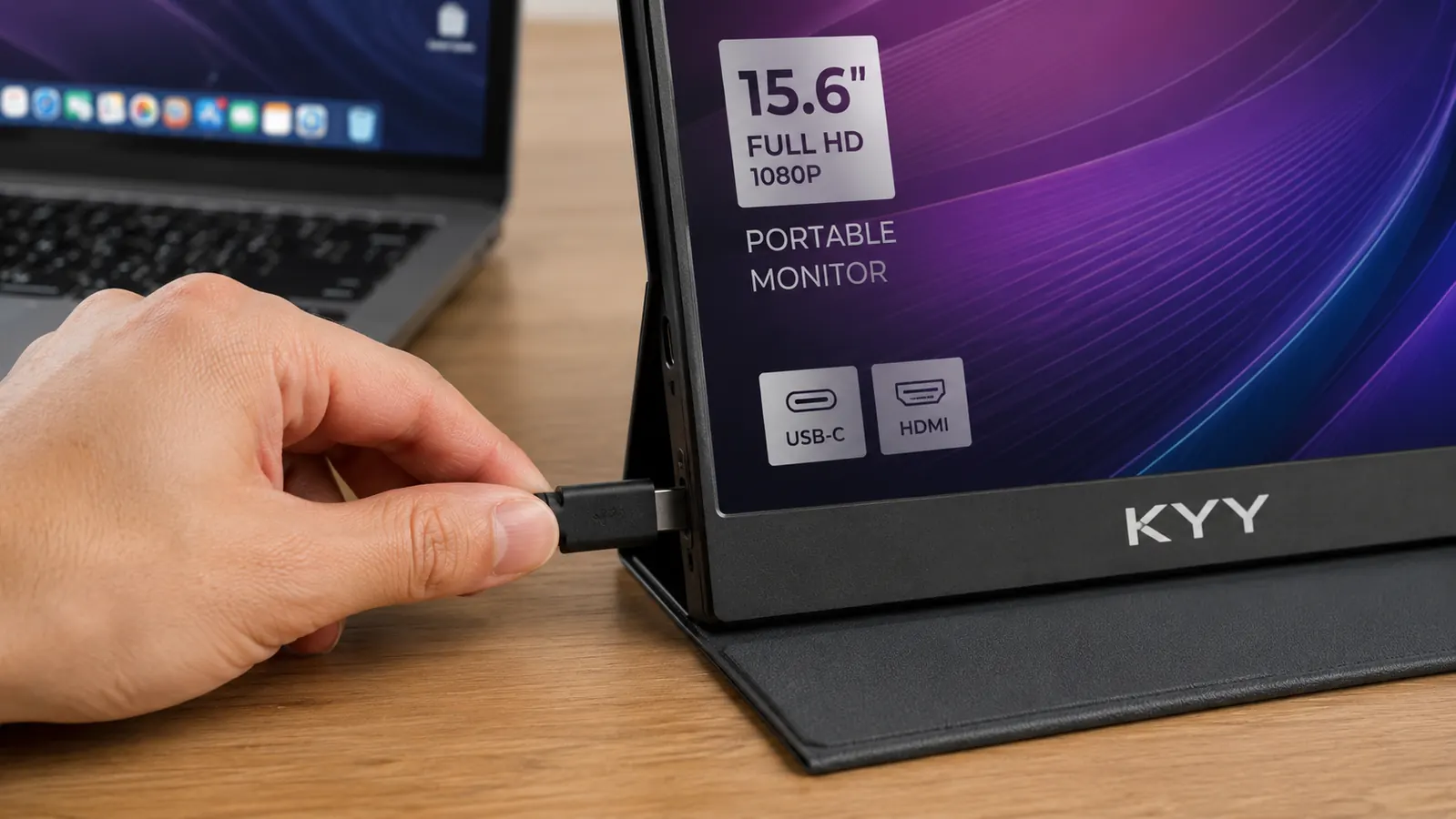 Hand connecting a single USB-C cable from a laptop to a portable monitor on a desk