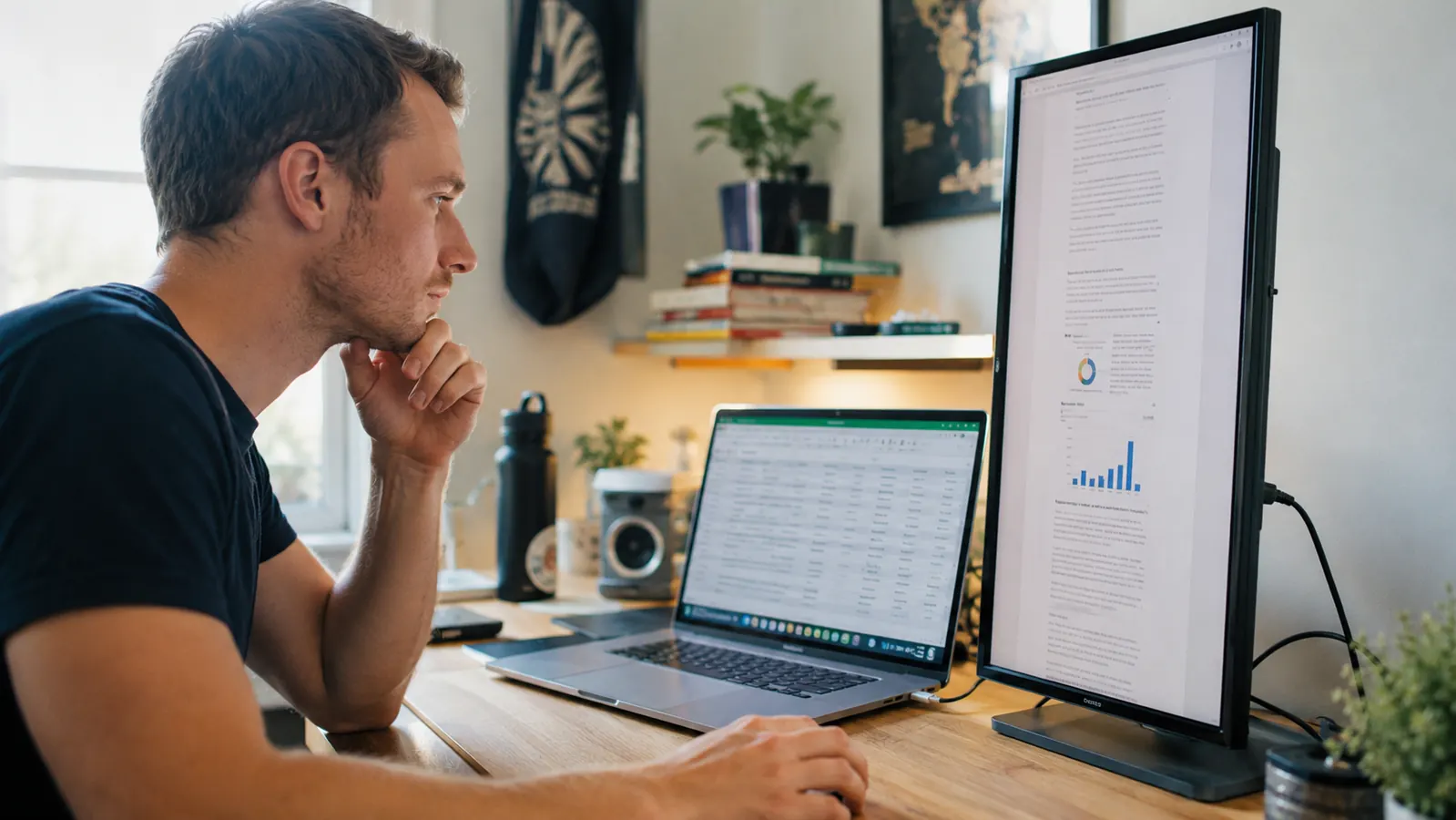Portable monitor used in portrait orientation to display a long document while laptop shows a spreadsheet