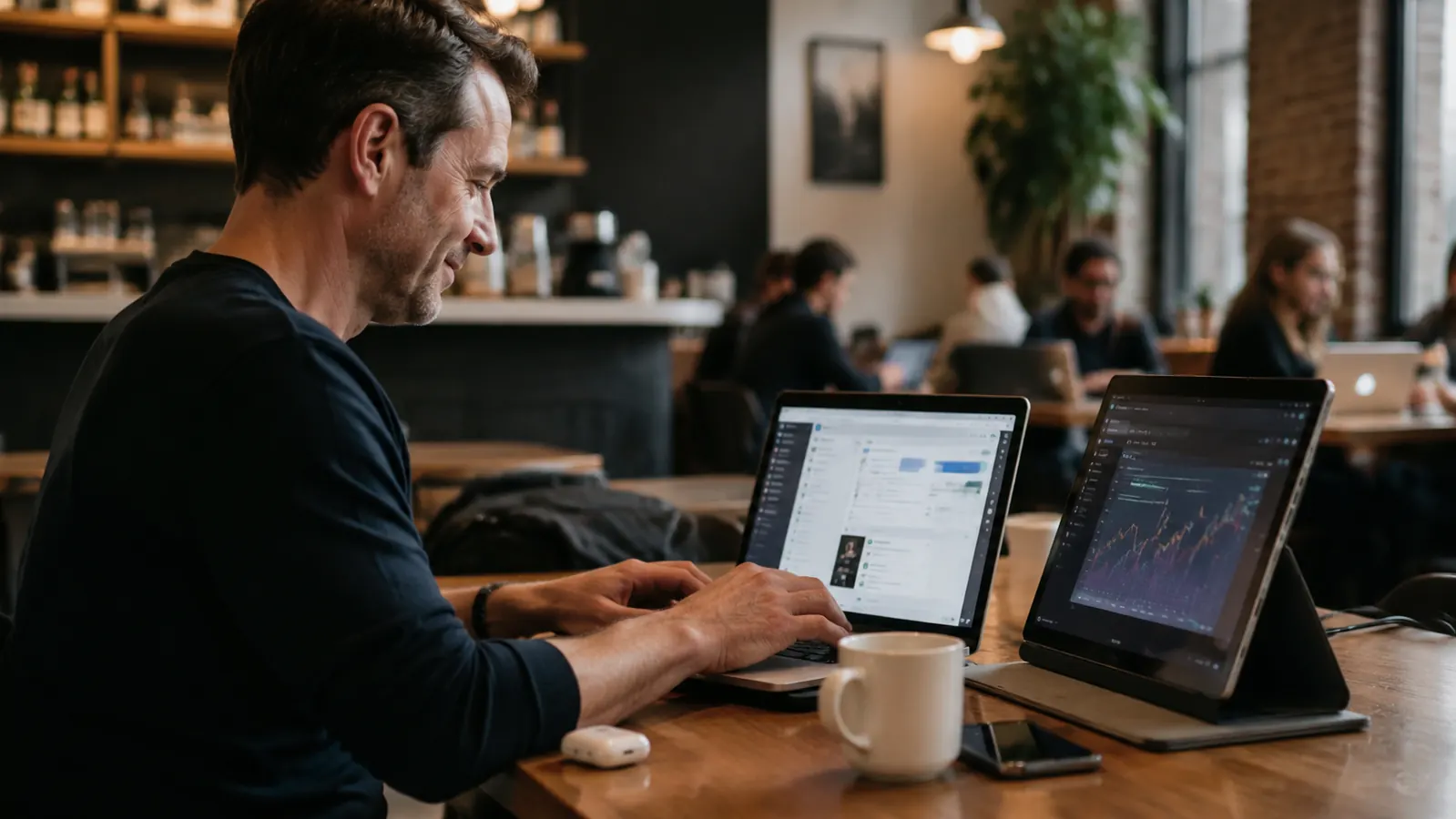 Woman working from a coffee shop table with a laptop and slim portable monitor folded into its cover