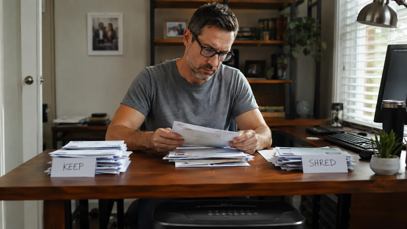 Tidy home office desk on a Sunday afternoon with mail sorted into a keep pile and a shred pile
