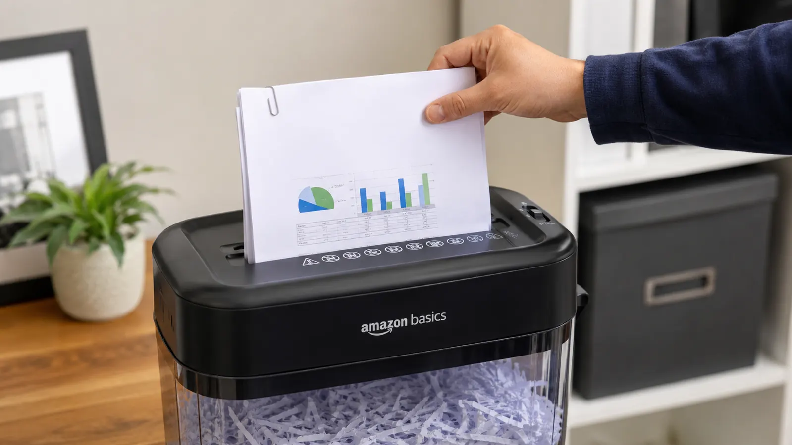 Close-up of a hand feeding a stapled packet of paper into the Amazon Basics shredder feed slot with a paper clip visible on top