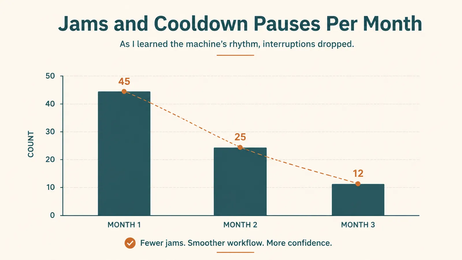 Simple bar chart showing the number of jams and cooldown pauses per month over three months of use, trending down