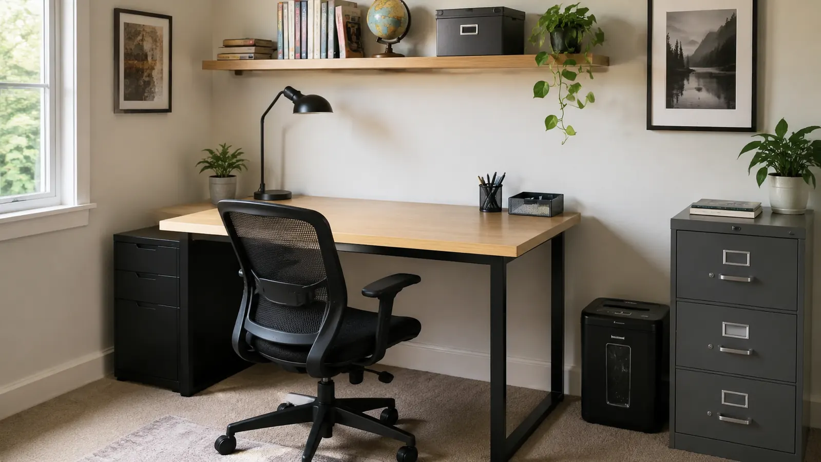 A small home office with a shredder next to a filing cabinet, empty desk surface, no loose paper in sight