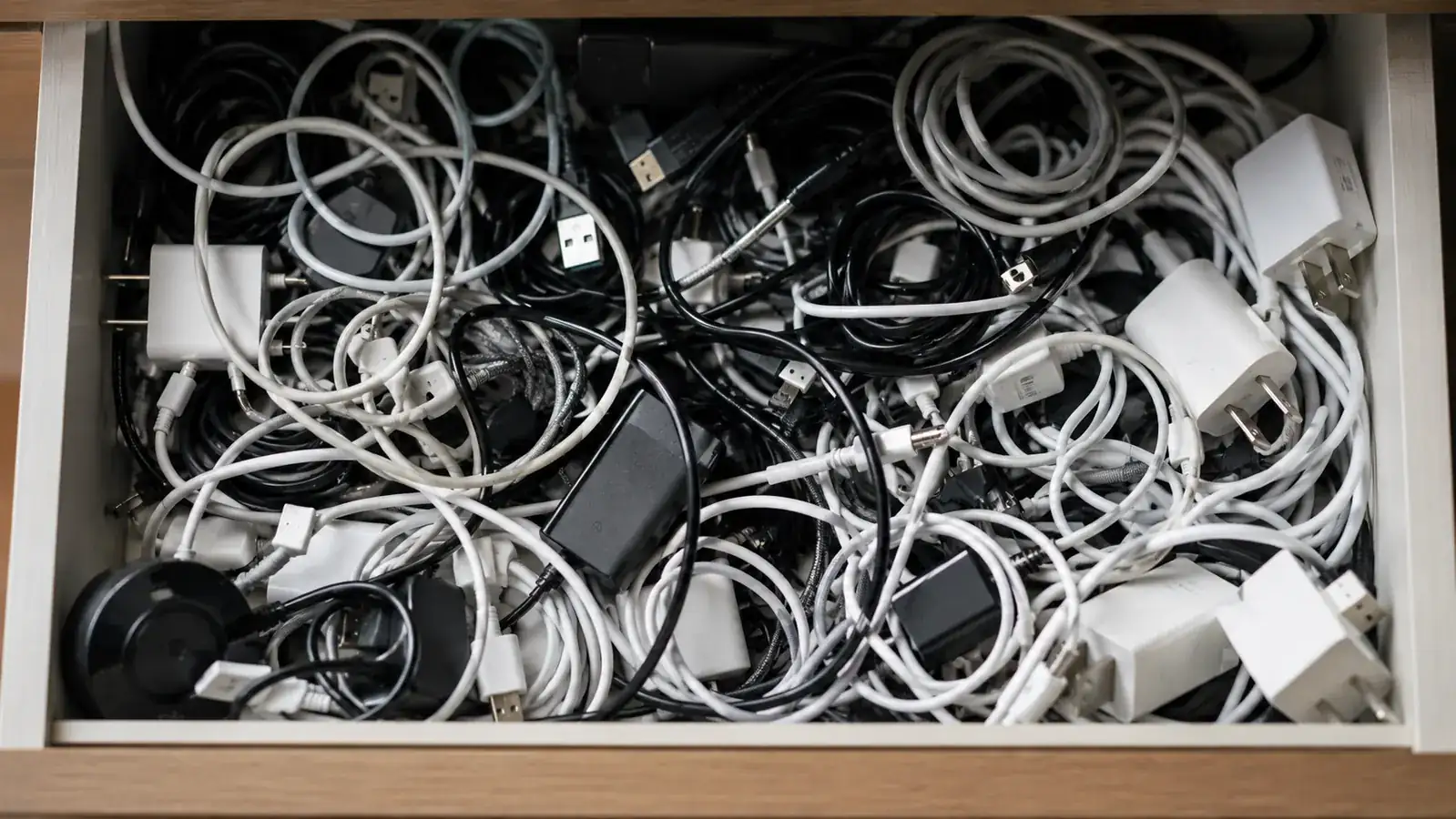 Close-up of a tangled pile of phone, watch, and earbud charging cables spilling out of a small desk drawer