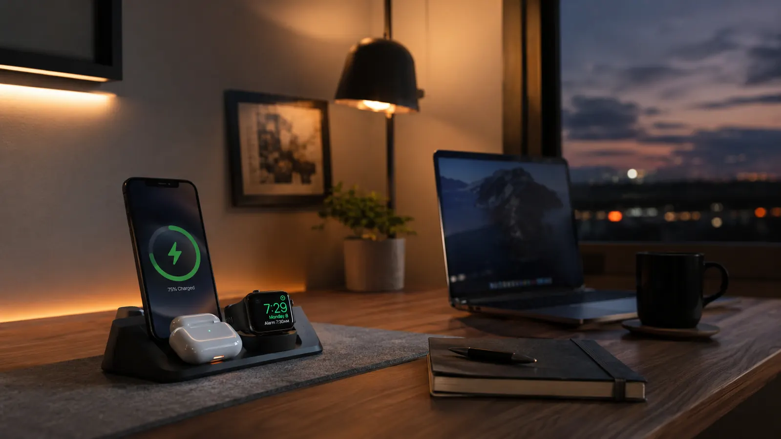 An end of day view of a home office desk at dusk with a phone, watch, and earbuds all charging neatly on the stand