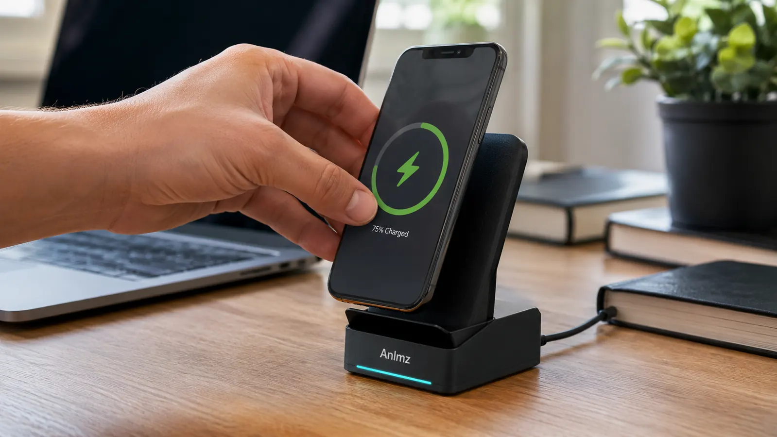 Hand placing an iPhone onto the angled charging pad of the Anlmz 3-in-1 station next to a keyboard