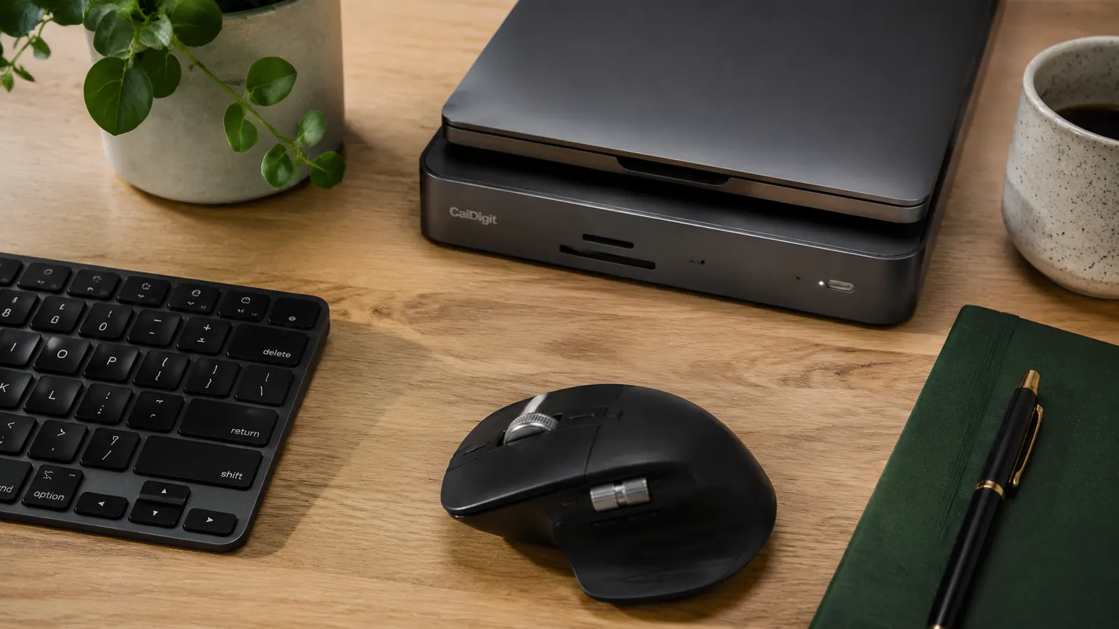 Close-up of a decluttered desk surface with only the charging dock and a notebook, no loose cables in sight