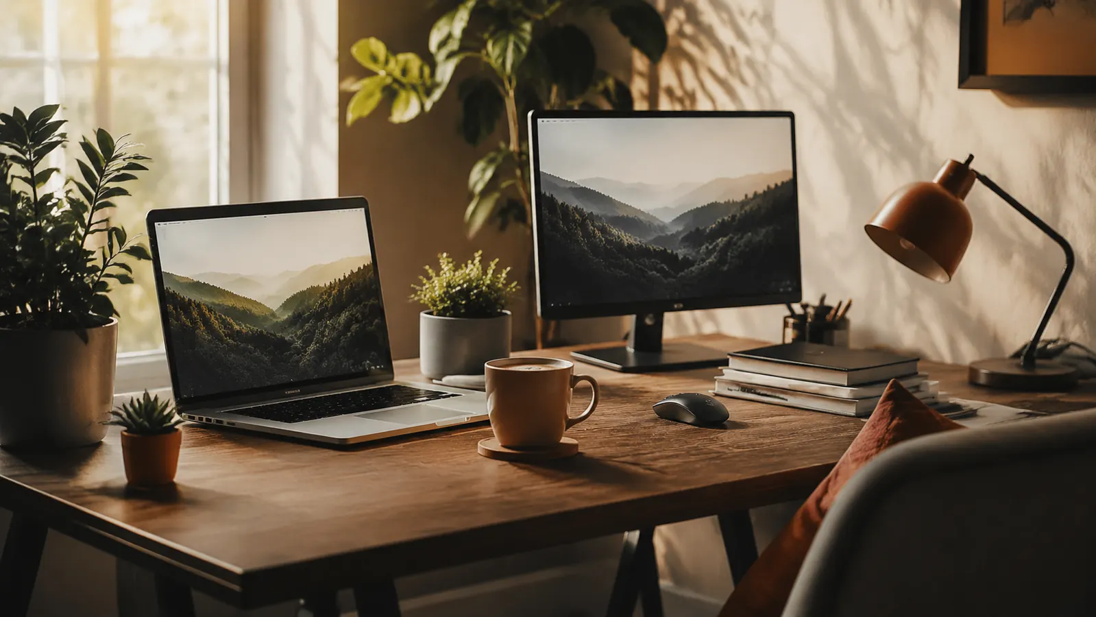 A practical home workstation in warm morning light, calm and grown-up