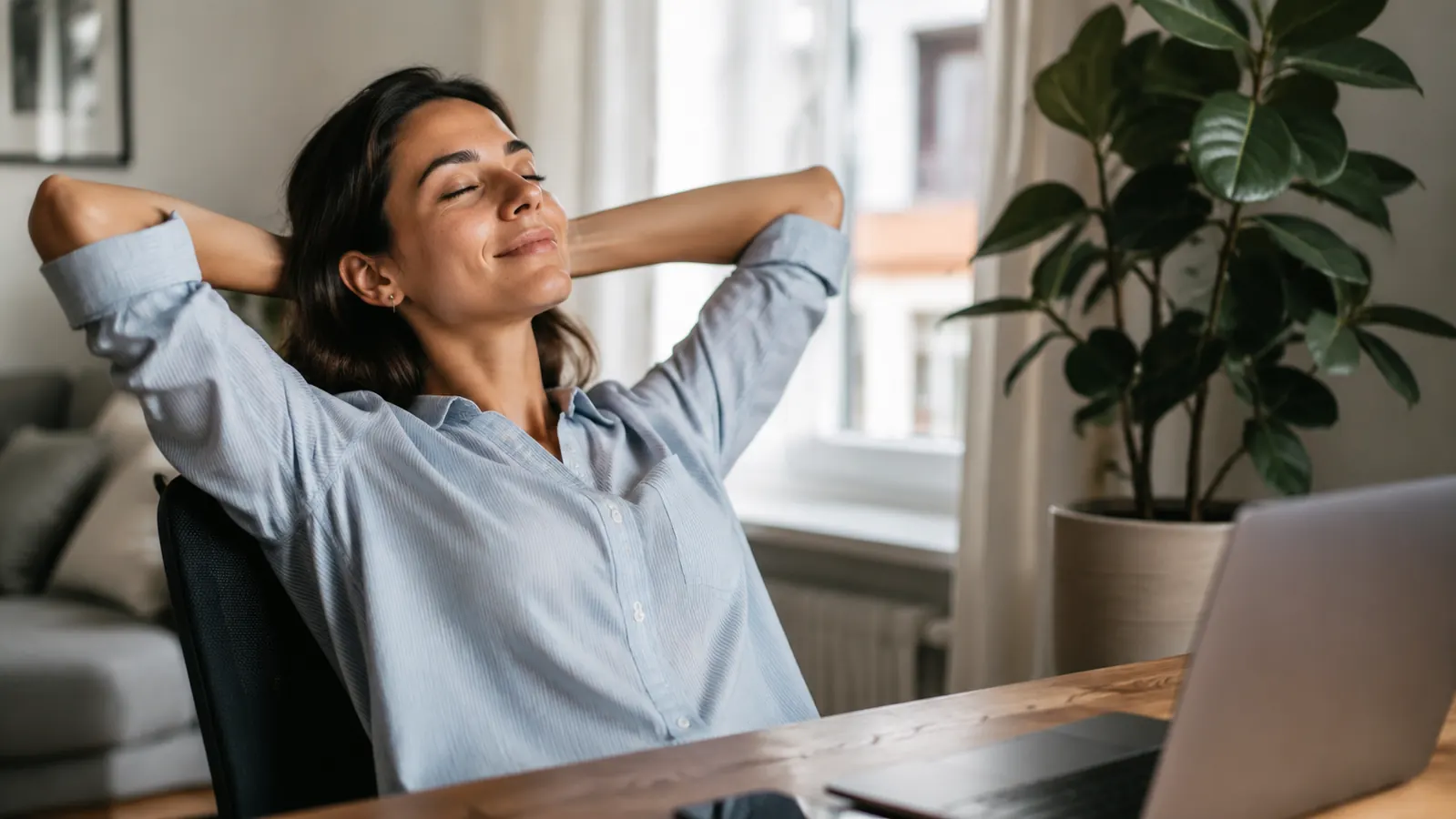 Person sitting at a home office desk taking a relaxed breath, plant on the shelf, purifier humming quietly in the corner