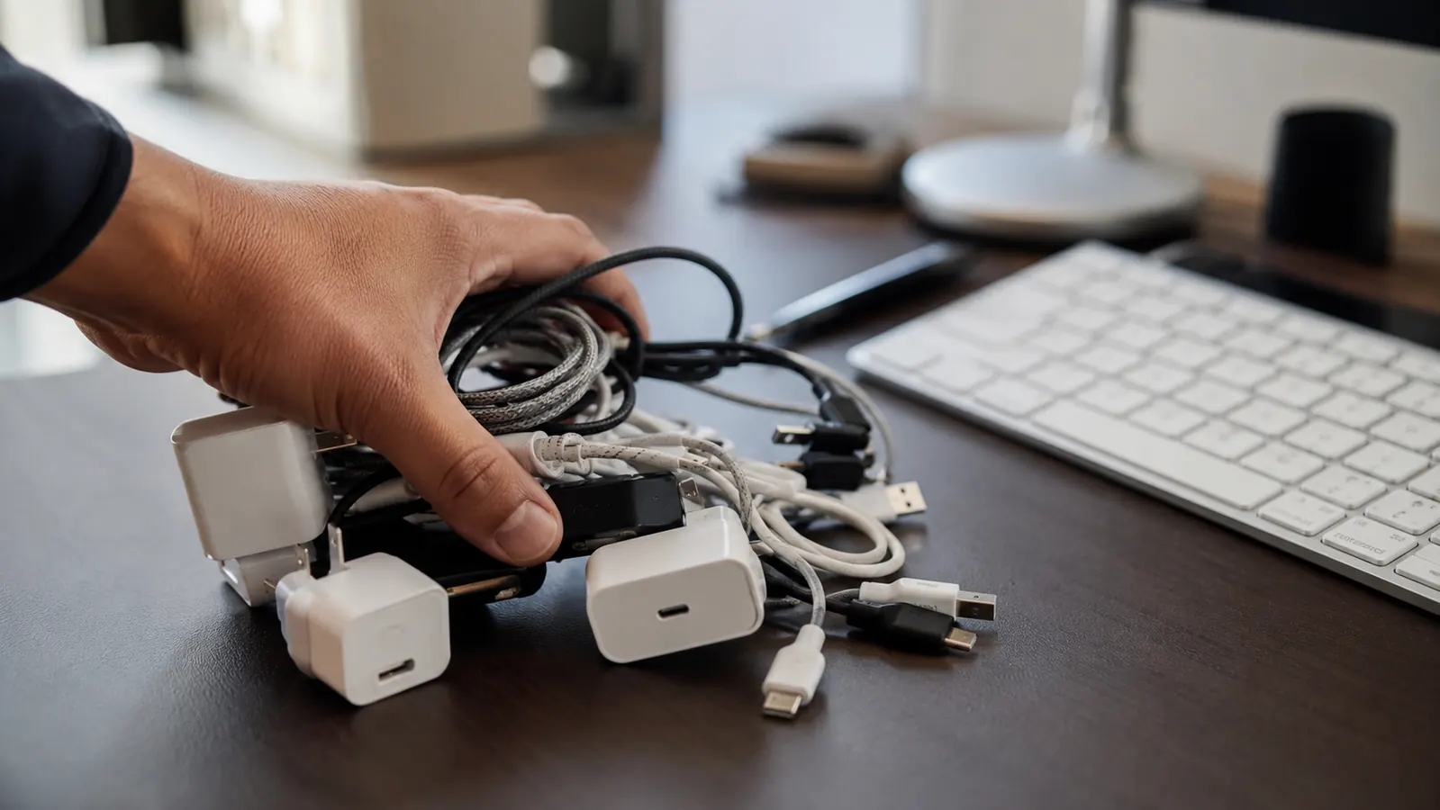 Hand sorting through a small pile of phone, watch, and earbud chargers on a desk before consolidating them
