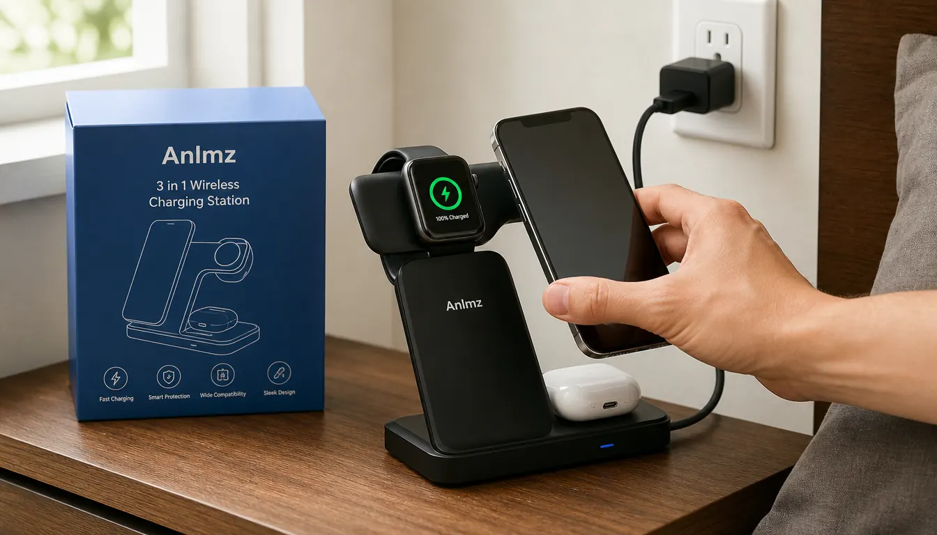 Hand placing an iPhone onto the angled charging pad of a 3-in-1 charging station next to a keyboard, with a watch and earbuds case already docked