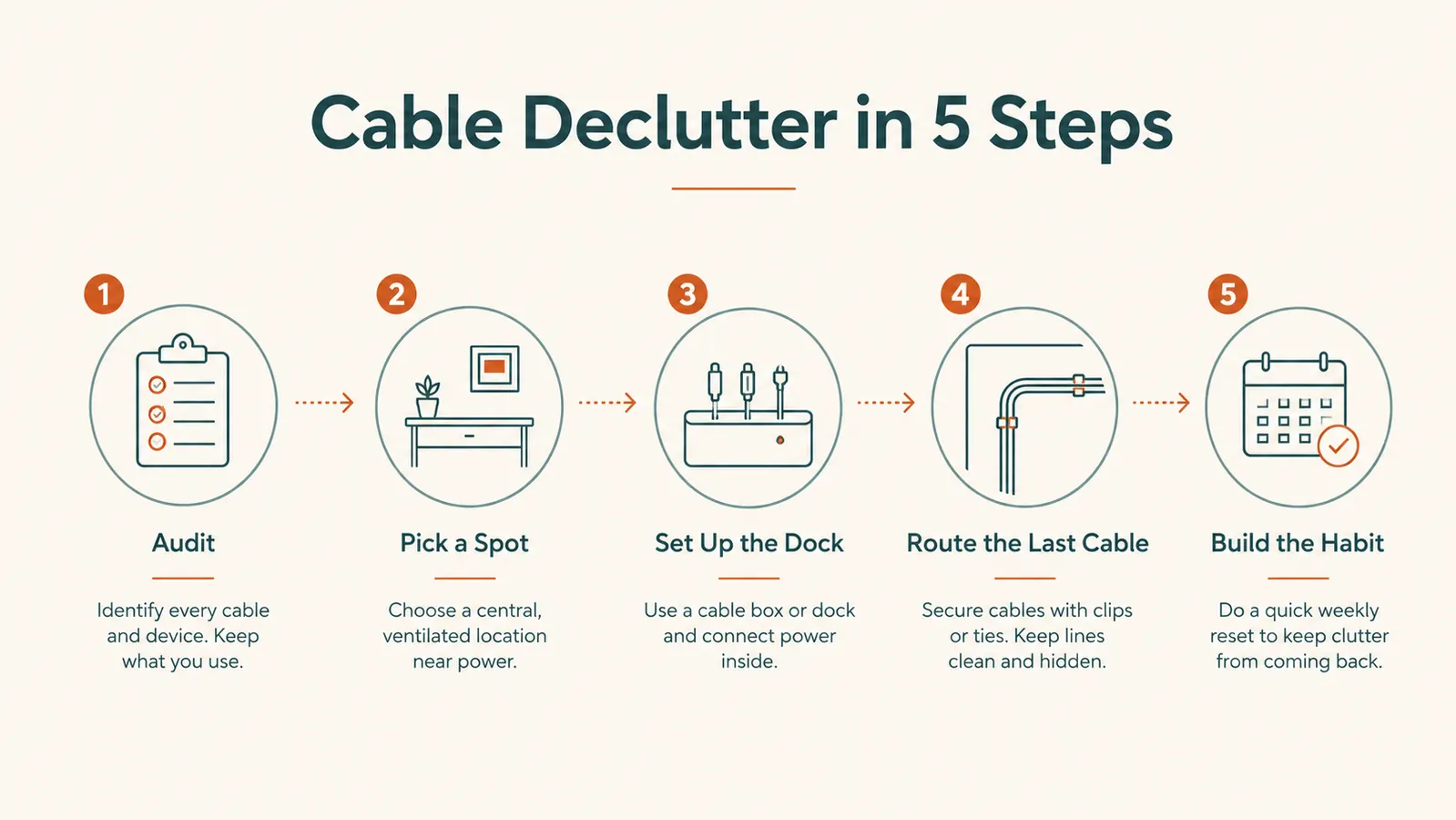Simple five-step numbered diagram illustrating the process of decluttering desk cables with a charging station