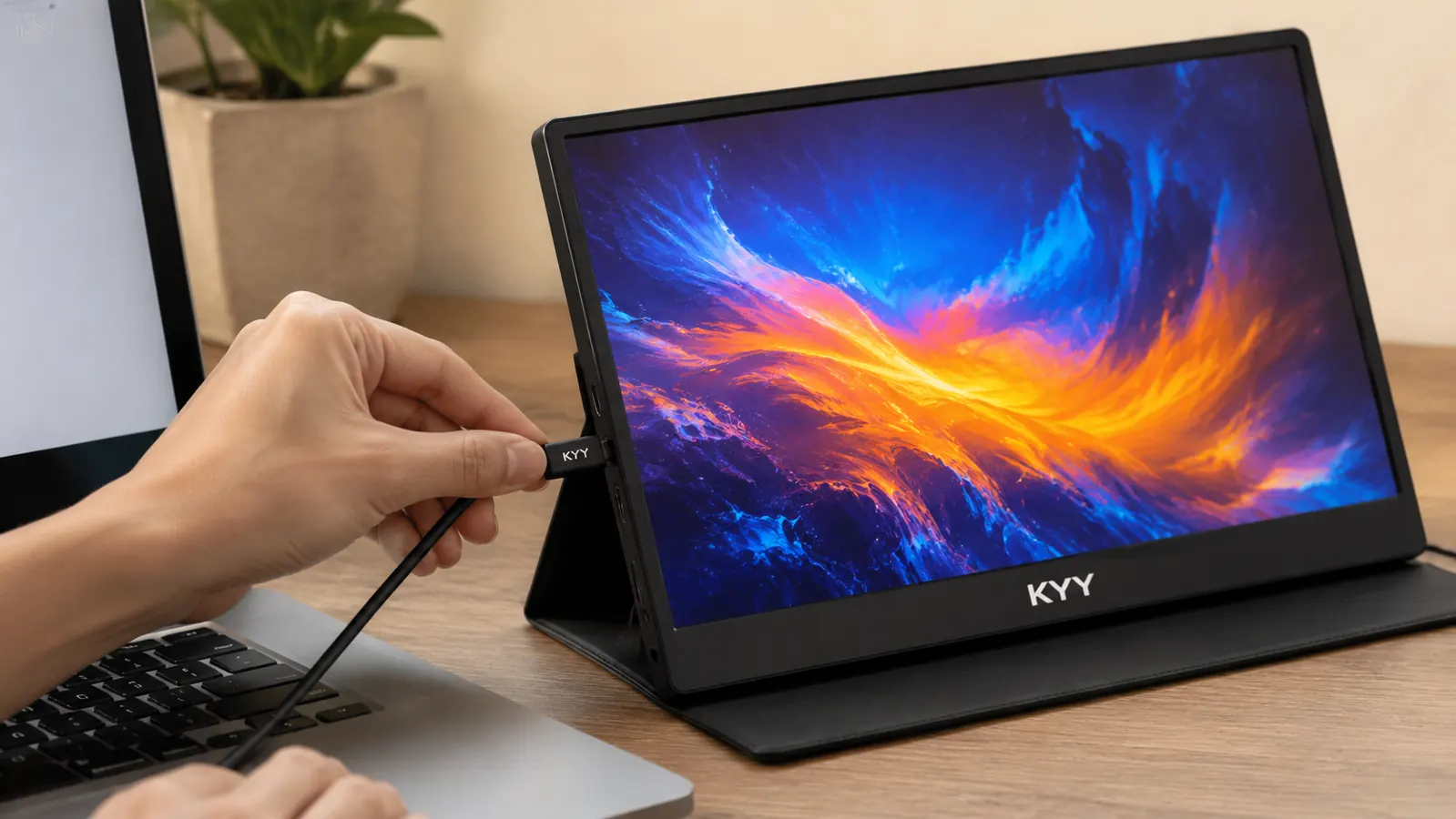A hand connecting a single USB-C cable from a laptop to a KYY portable monitor