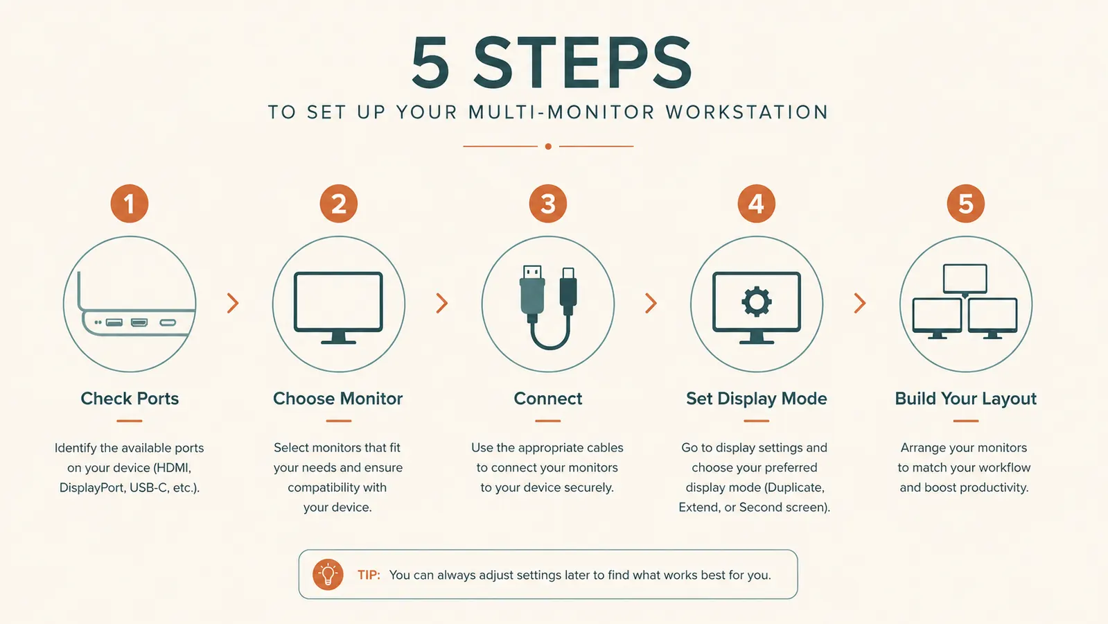 A simple five-step diagram showing the process of setting up a portable monitor for dual screens