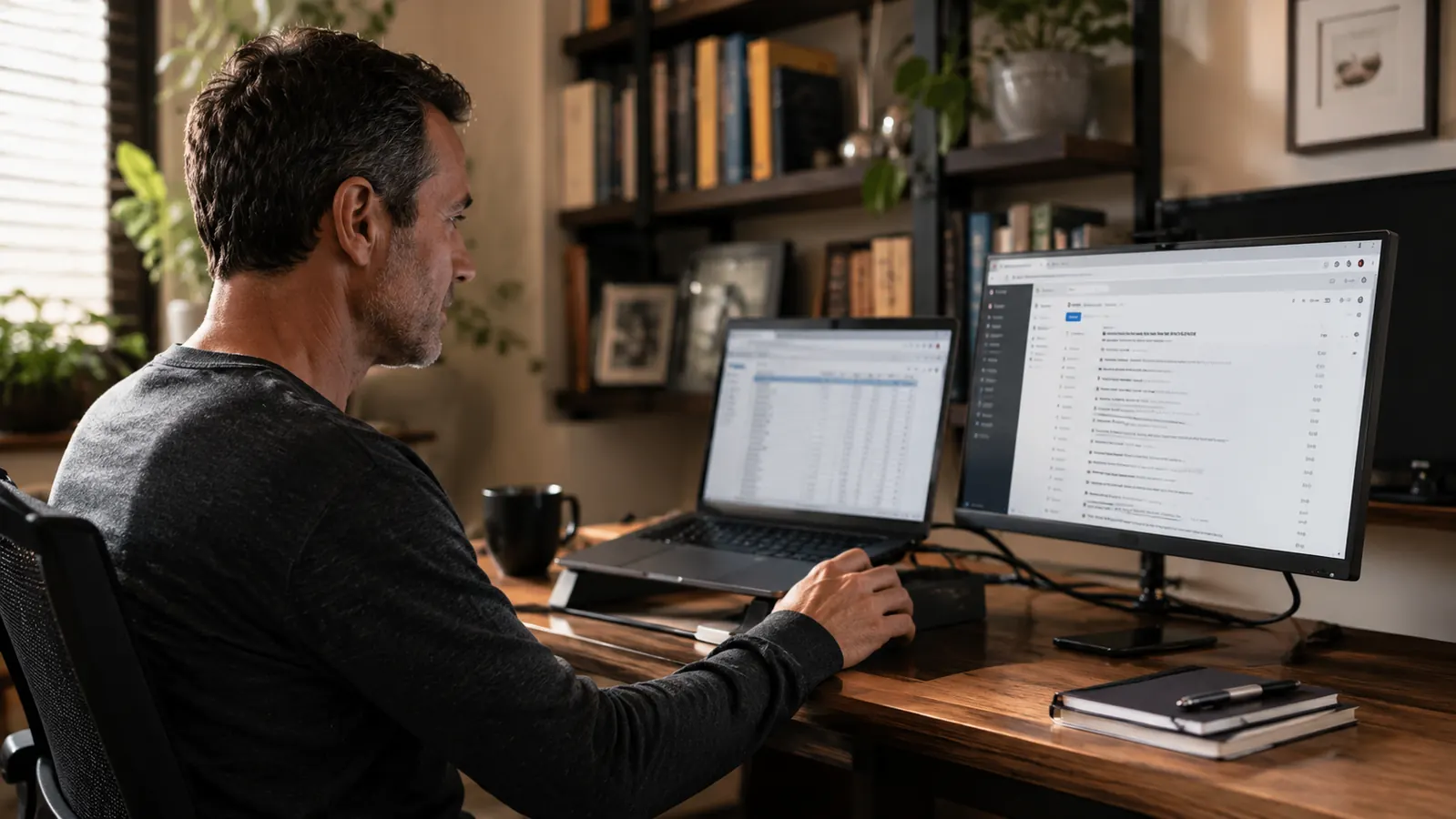 A person working at a dual-screen desk setup with a portable monitor angled beside their laptop