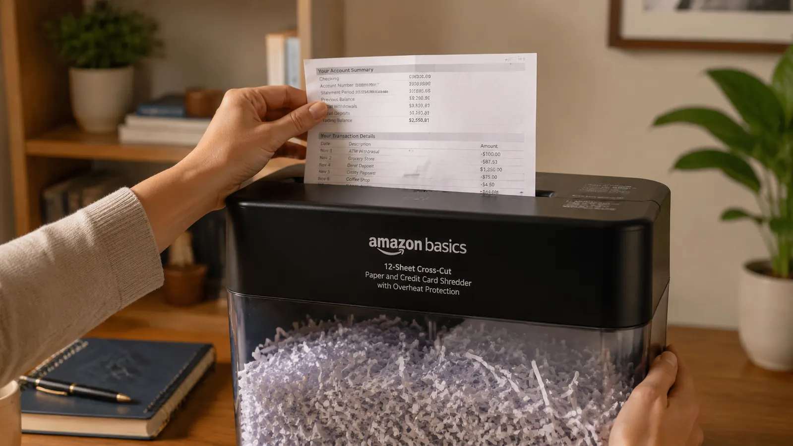 A hand feeding a bank statement into the Amazon Basics 12-Sheet Cross-Cut Paper and Credit Card Shredder