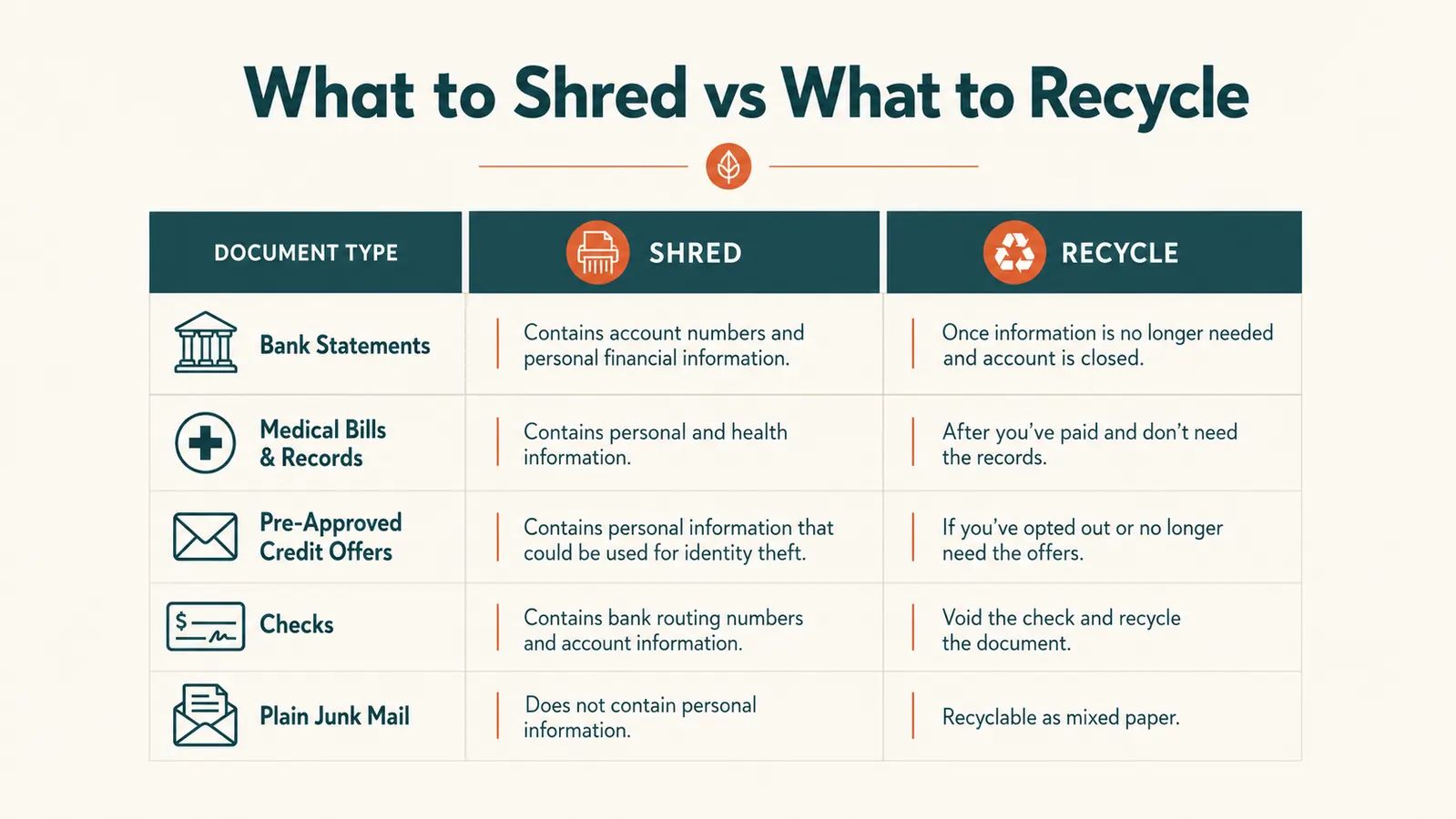 A simple chart showing which home office documents are high risk, medium risk, and safe to recycle without shredding