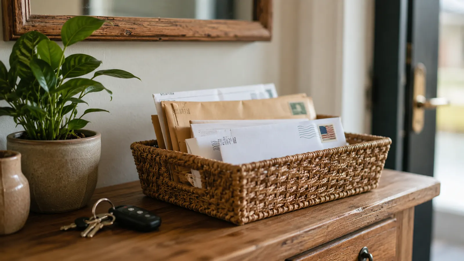 A small wicker basket by the front door holding unopened mail next to a set of keys, ready to be sorted