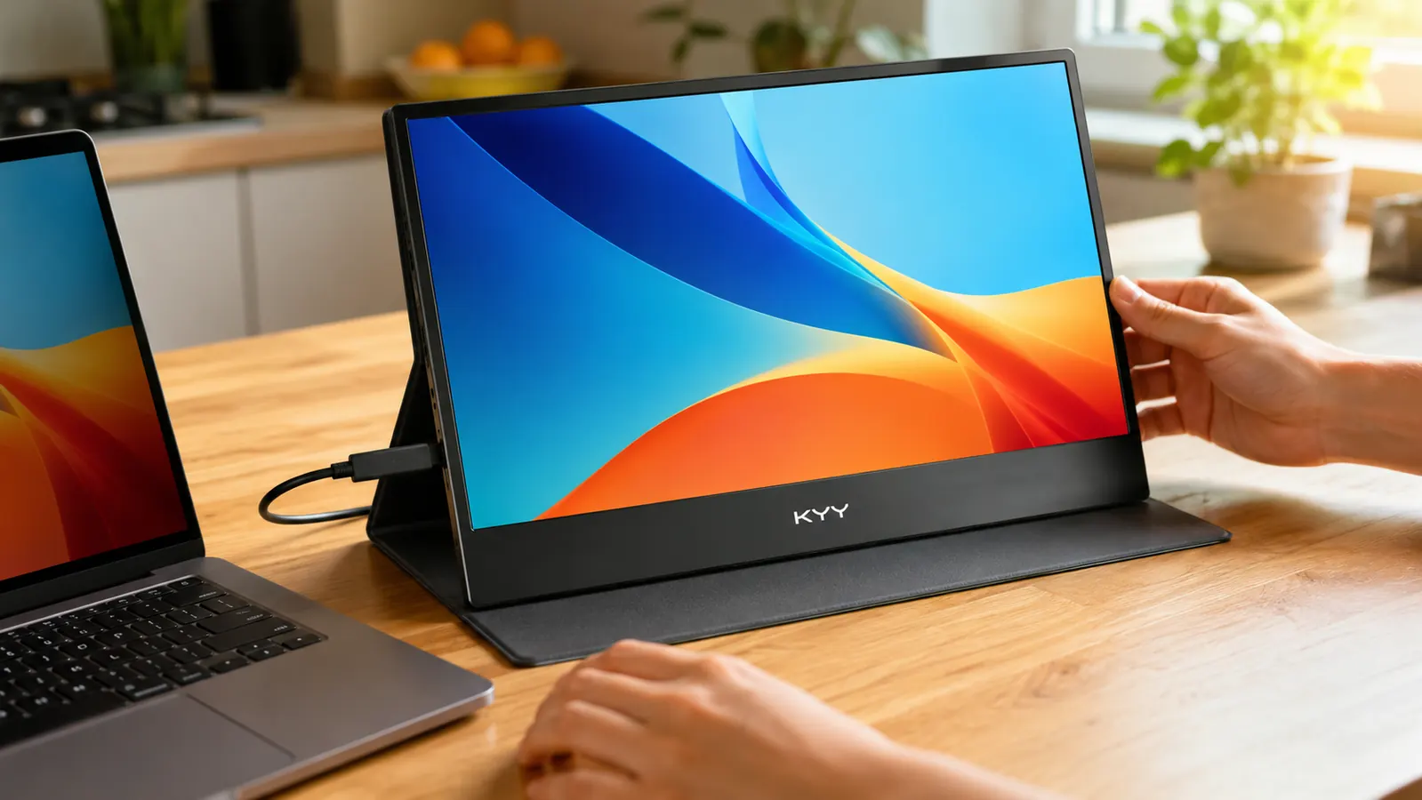 Hand propping up the KYY portable monitor next to an open laptop on a kitchen table, cable running to the laptop's USB-C port