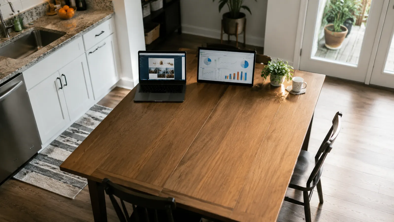 Overhead view of a kitchen table now split into two clear zones, a dual-screen work setup on one side and cleared space on the other