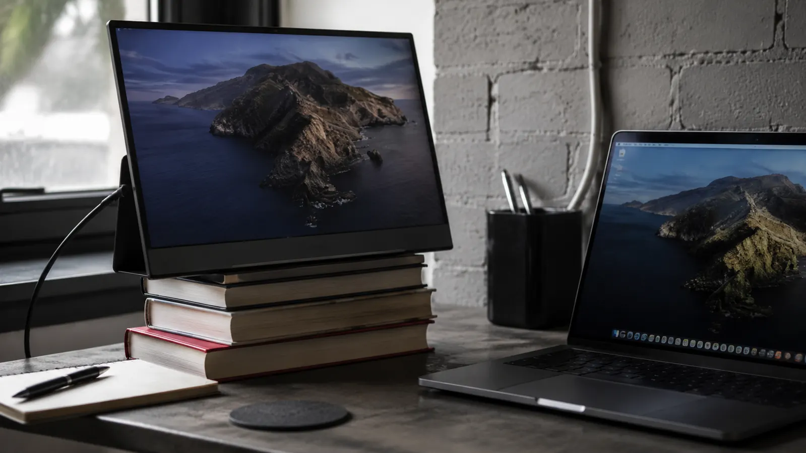 A portable monitor propped on a stack of books next to a laptop on a small home office desk