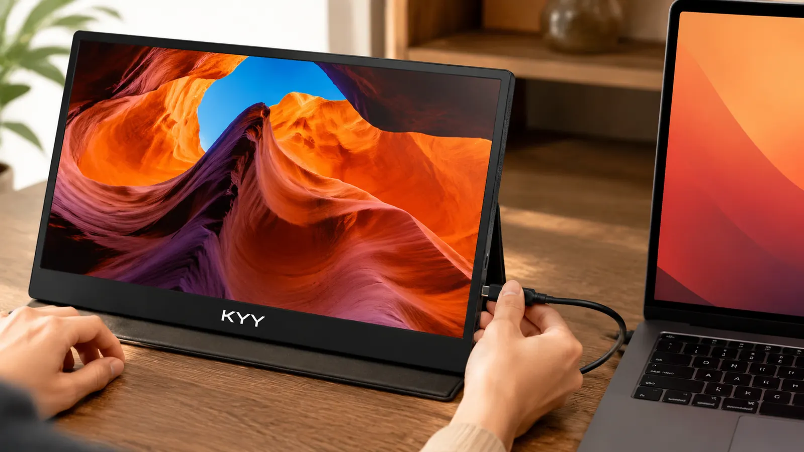 Close-up of a hand connecting a USB-C cable from a laptop to the KYY portable monitor on a desk