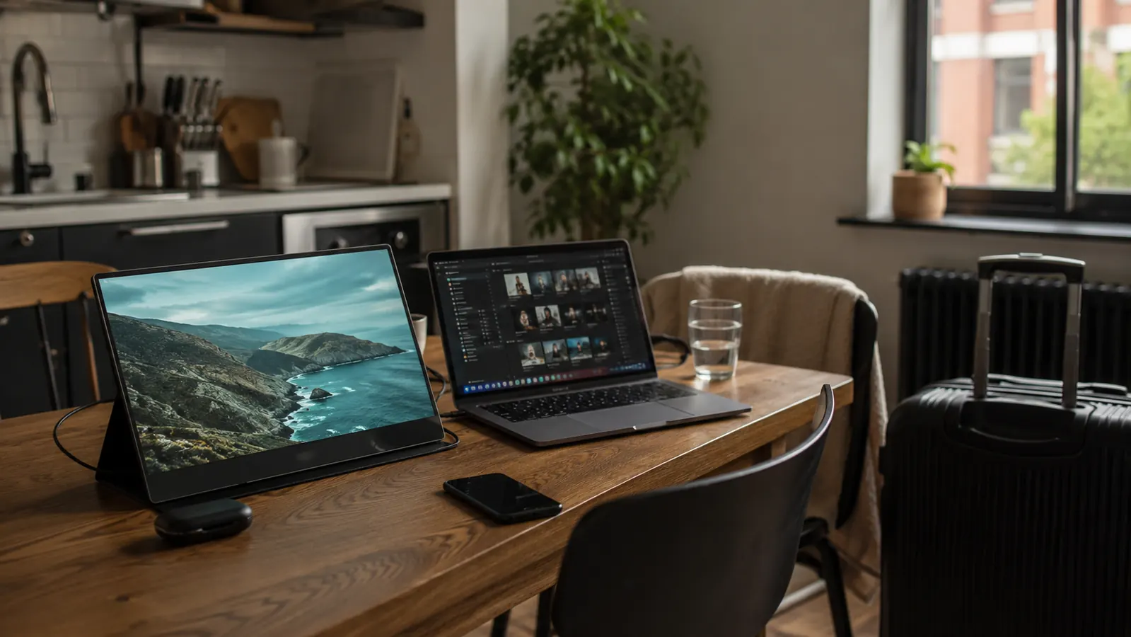 A portable monitor and laptop set up on a kitchen table during a work trip, suitcase in the background