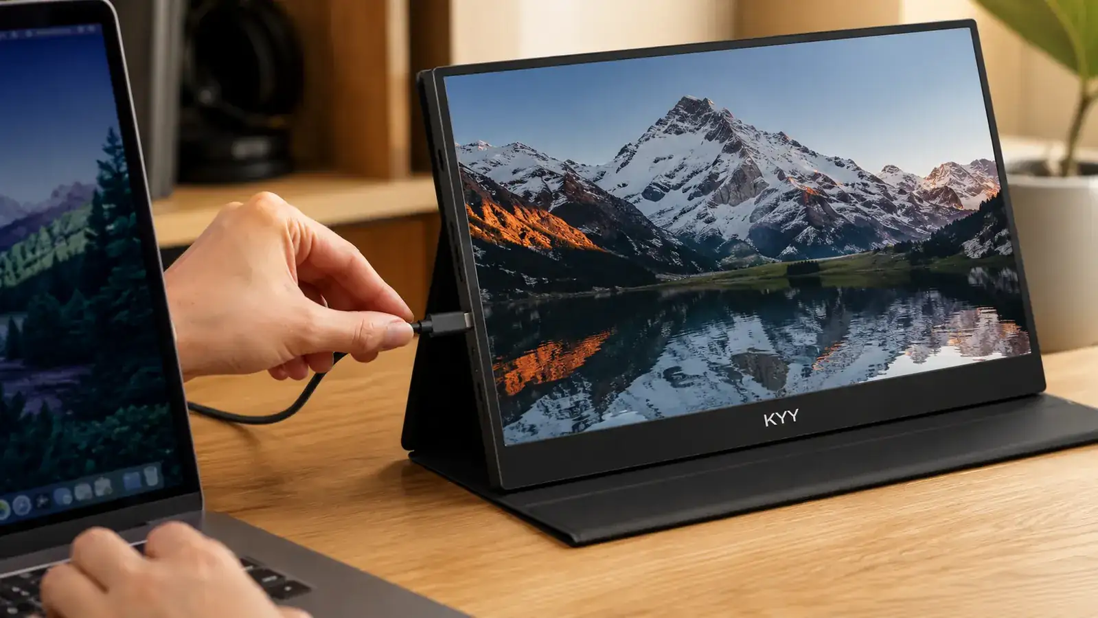 Hand connecting a single USB-C cable from a laptop to the KYY portable monitor using its folio stand