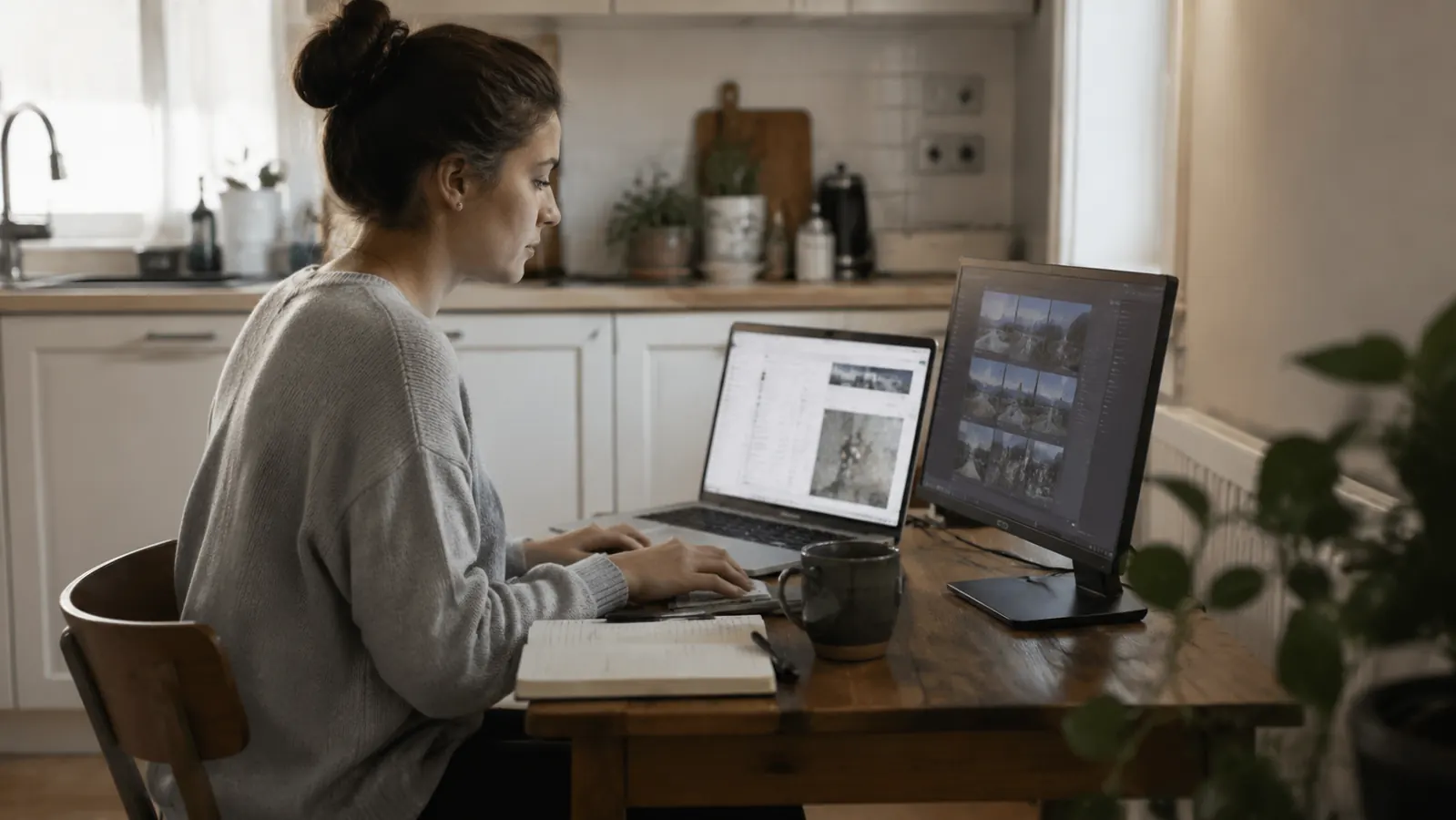 A person working at a small kitchen table with a laptop and portable second monitor set up for a remote workday