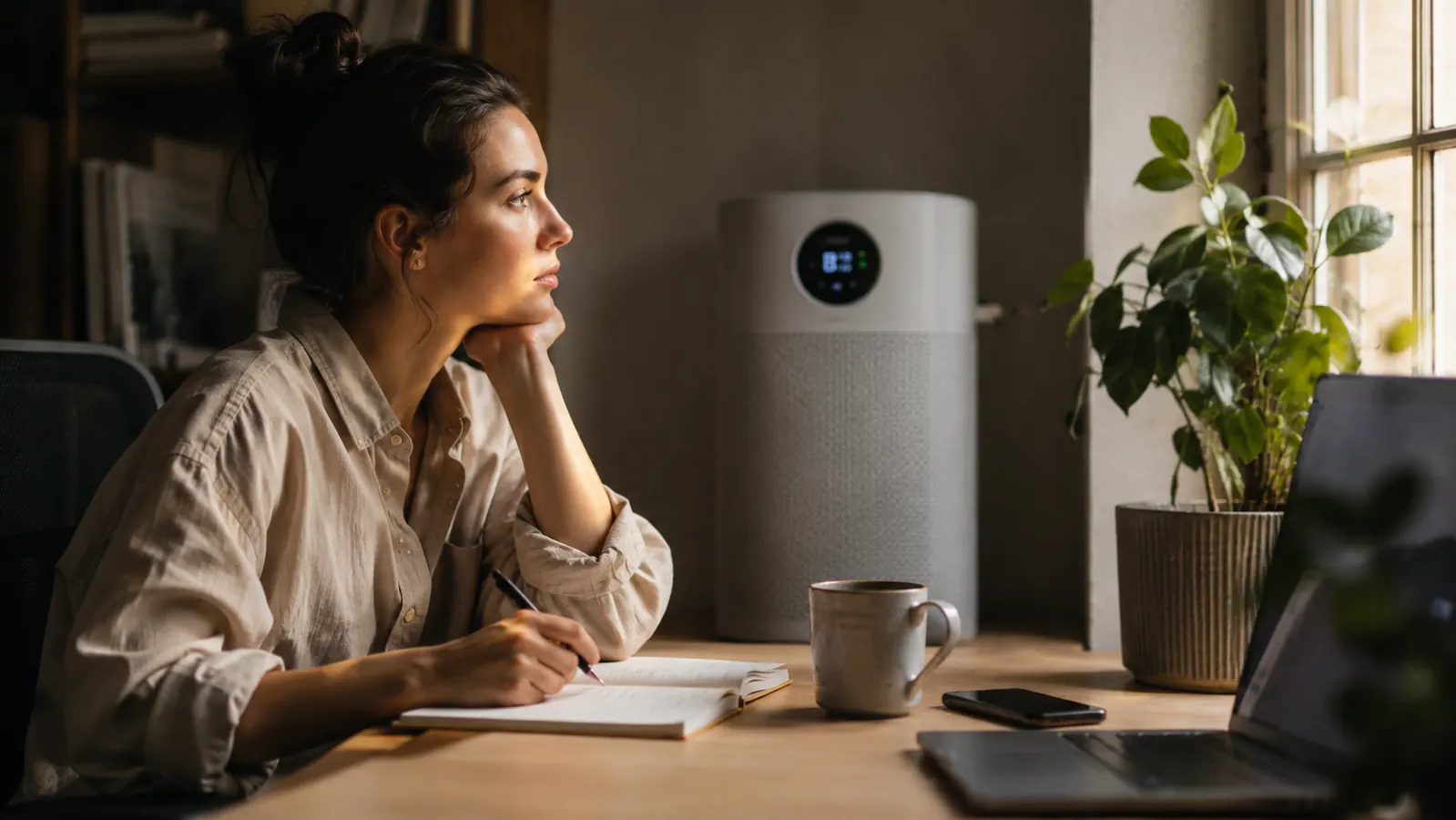 A tidy home office desk with a mug and an open notebook, the purifier's soft display glow visible in the background