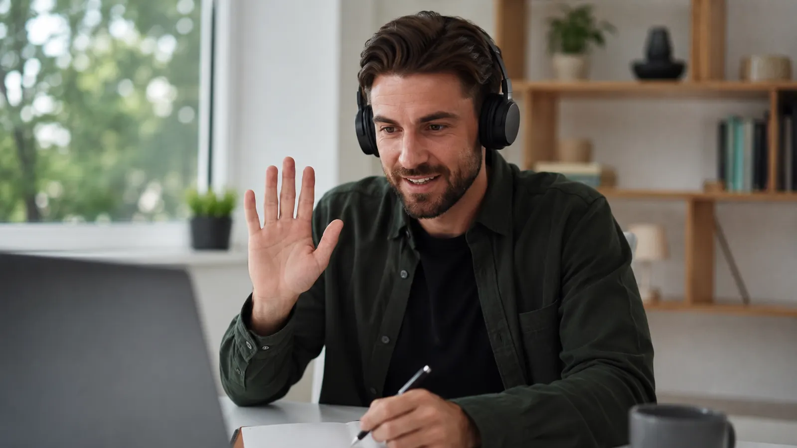 A person sitting comfortably at a home office desk on a video call, relaxed posture, tidy room in the background