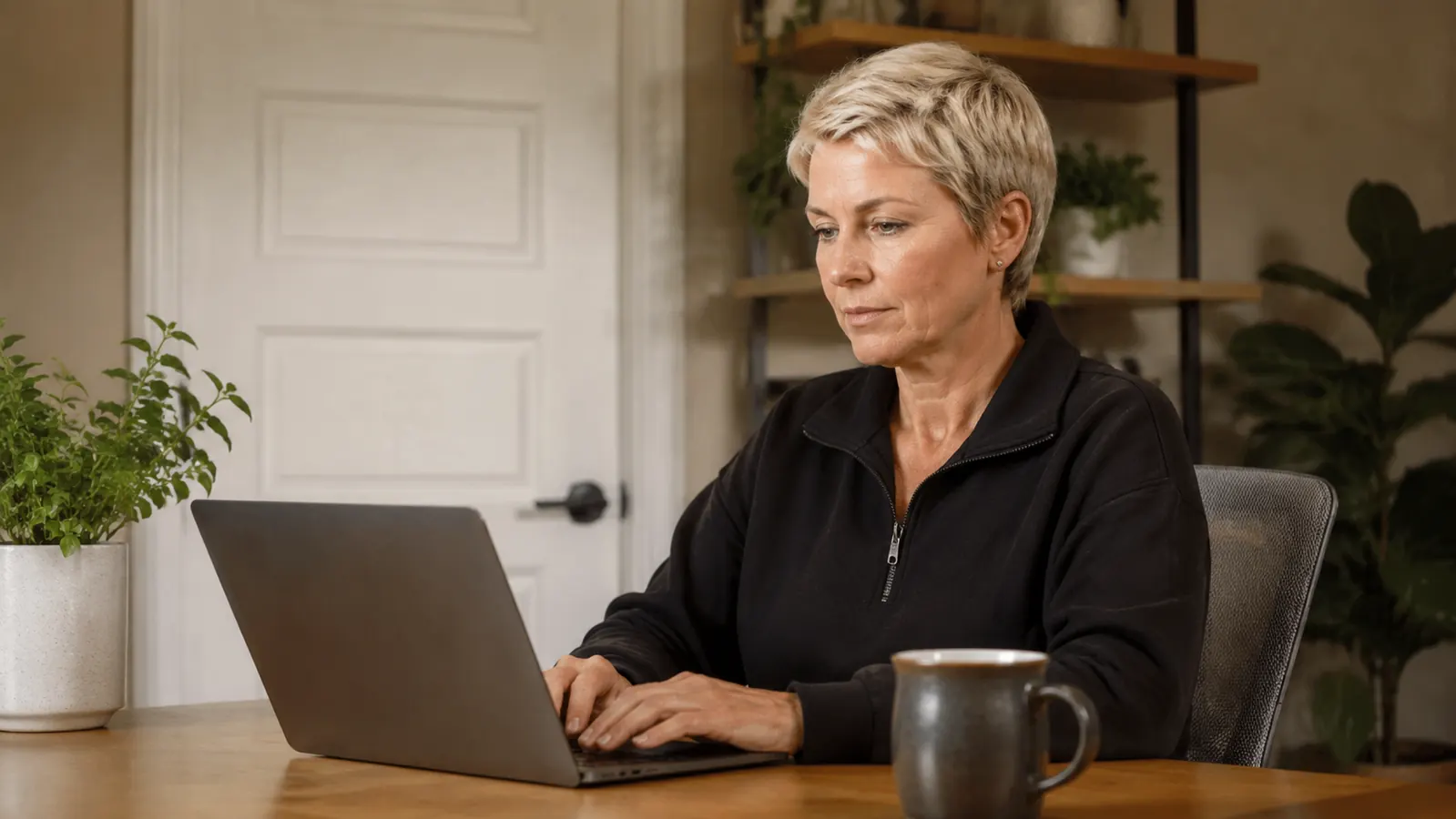 Person working calmly at a desk with clear air and a closed office door