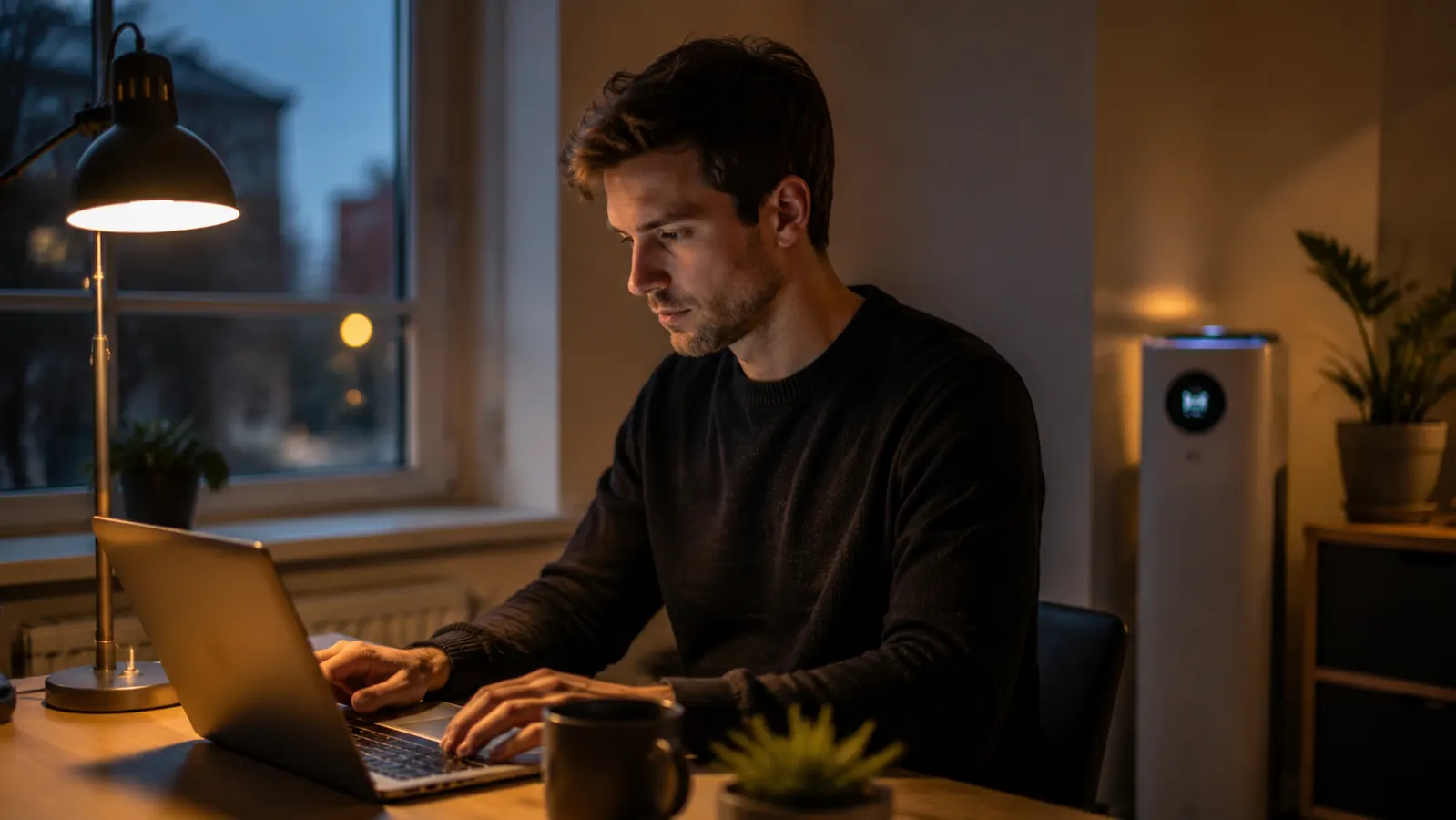 A person working at a home office desk in the evening with the LEVOIT purifier's soft night-light glow visible in the background