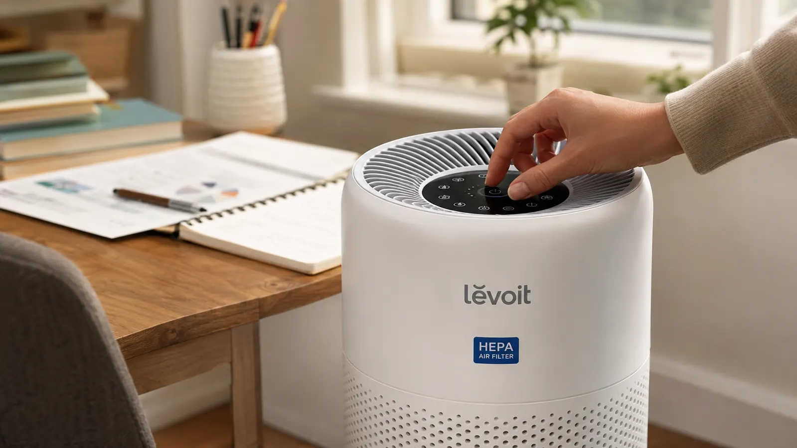 Hand adjusting the fan speed dial on the LEVOIT air purifier next to a home office desk