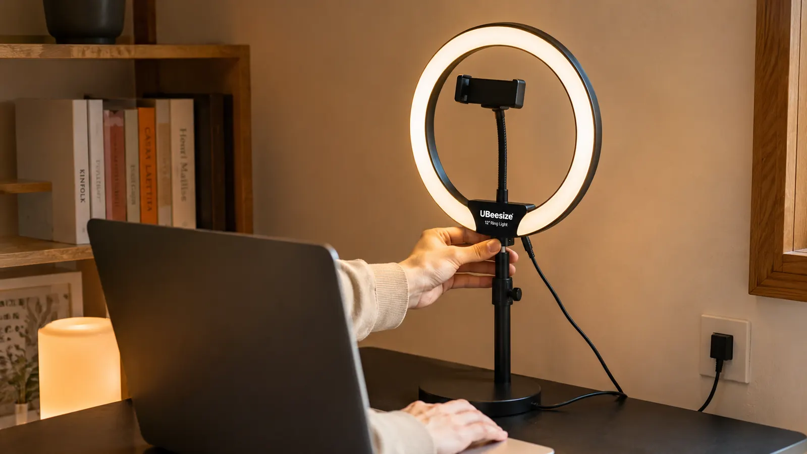Hand setting up the UBeesize 12-inch ring light on its stand behind a laptop, phone mount attached at the top, desk in a small home office nook