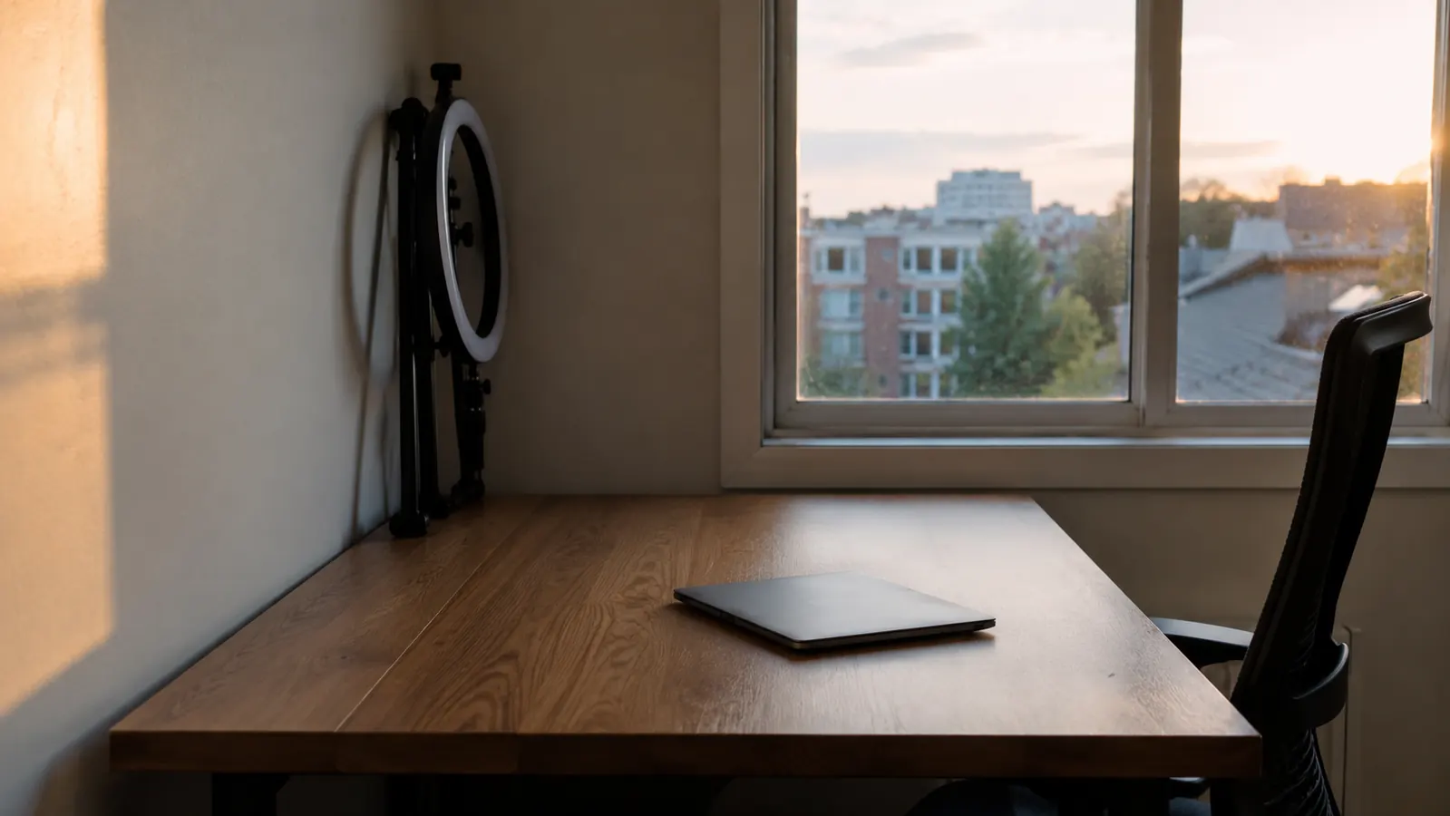 The ring light folded down and tucked to the side of a small desk, laptop closed, desk tidy at the end of the workday