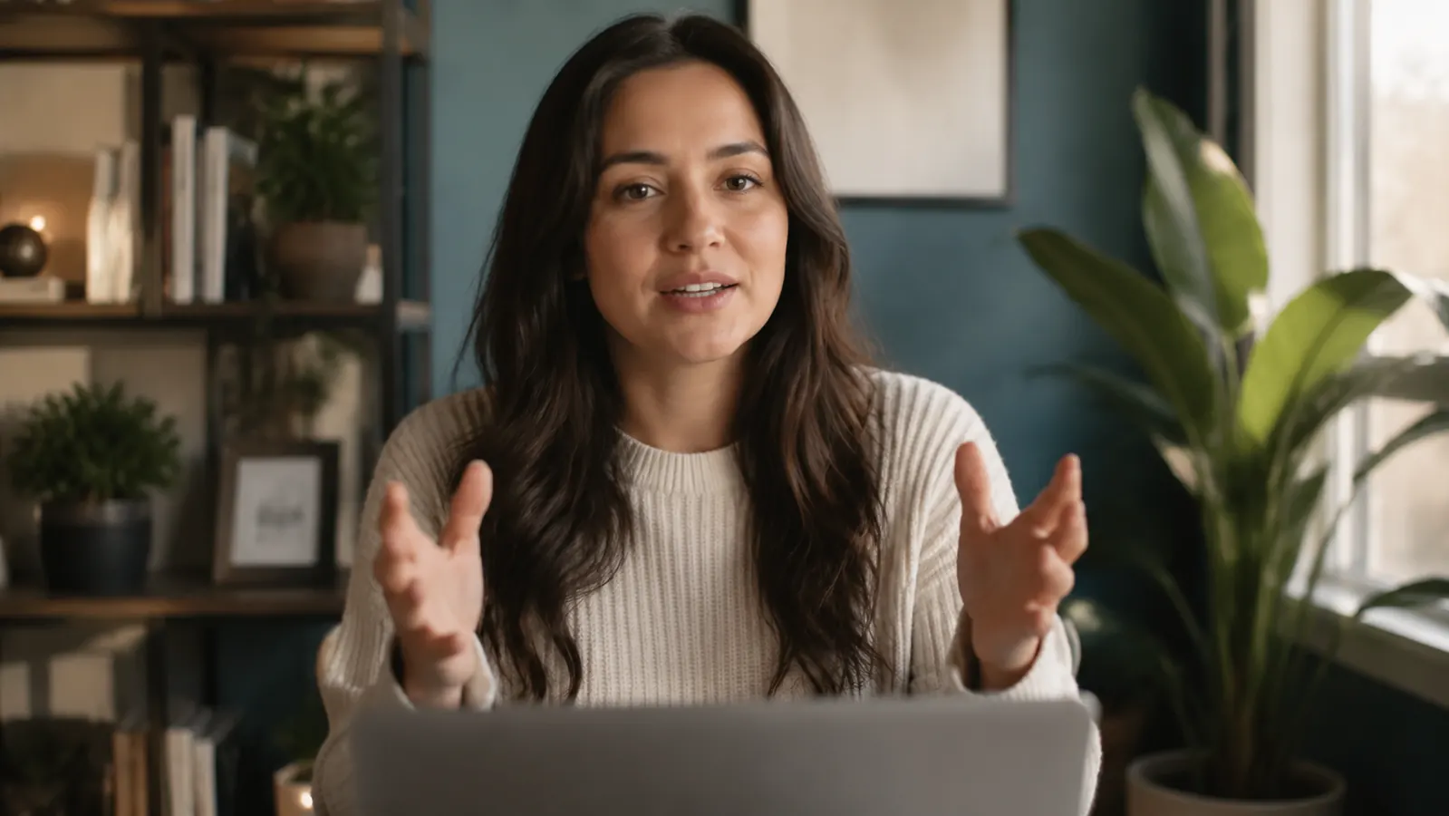 A person on a video call at a home office desk, evenly lit from a ring light positioned just off camera